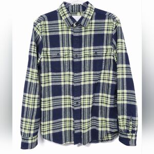 American Eagle Plaid Button Up Shirt Mens Med. Blue Lime Green Layering Casual